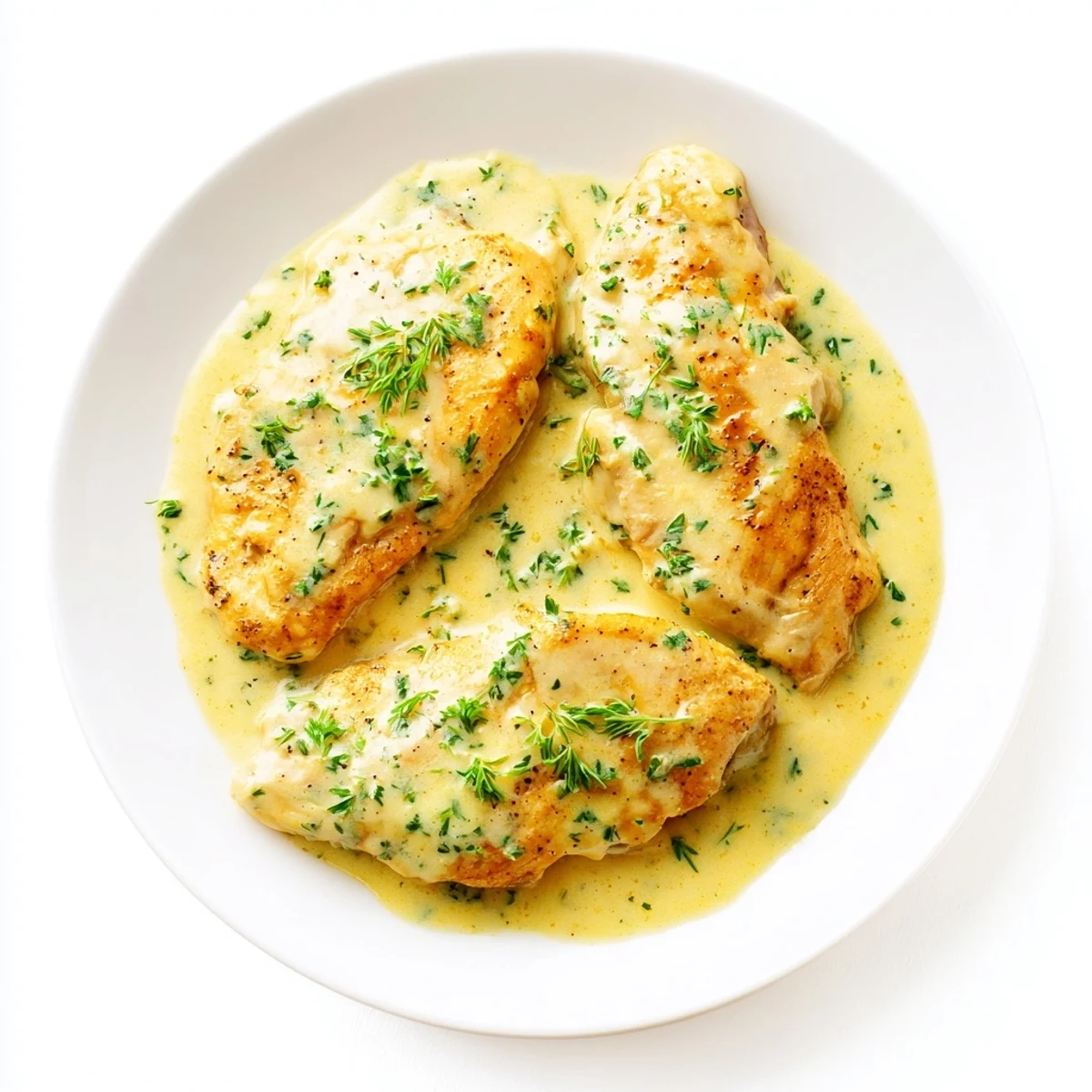 Tender lighter creamy tarragon chicken breasts glistening in a creamy, herb-infused sauce, ready to serve.