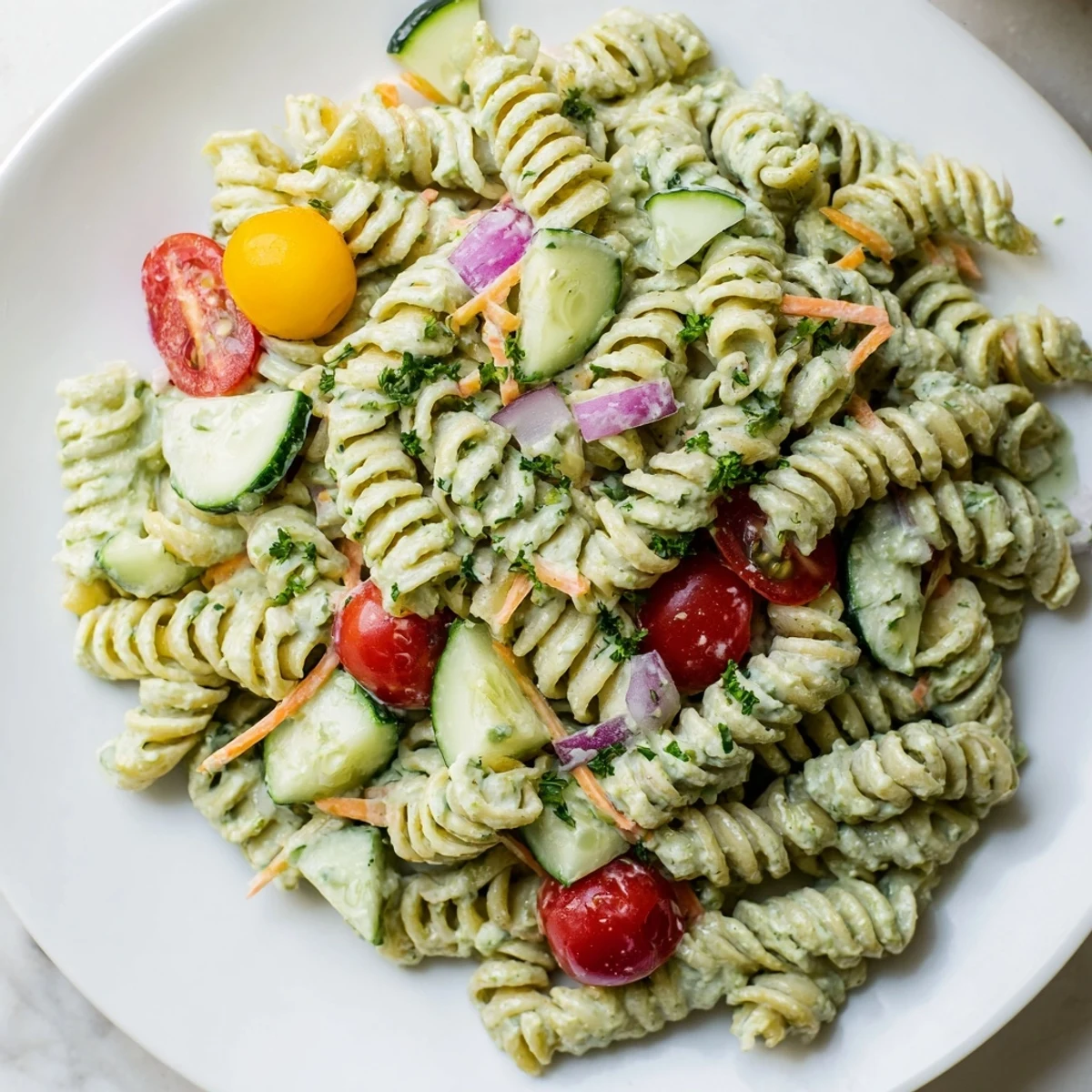 Vibrant Vegan Hemp Seed Ranch Pasta Salad, loaded with fresh veggies and a creamy dressing.