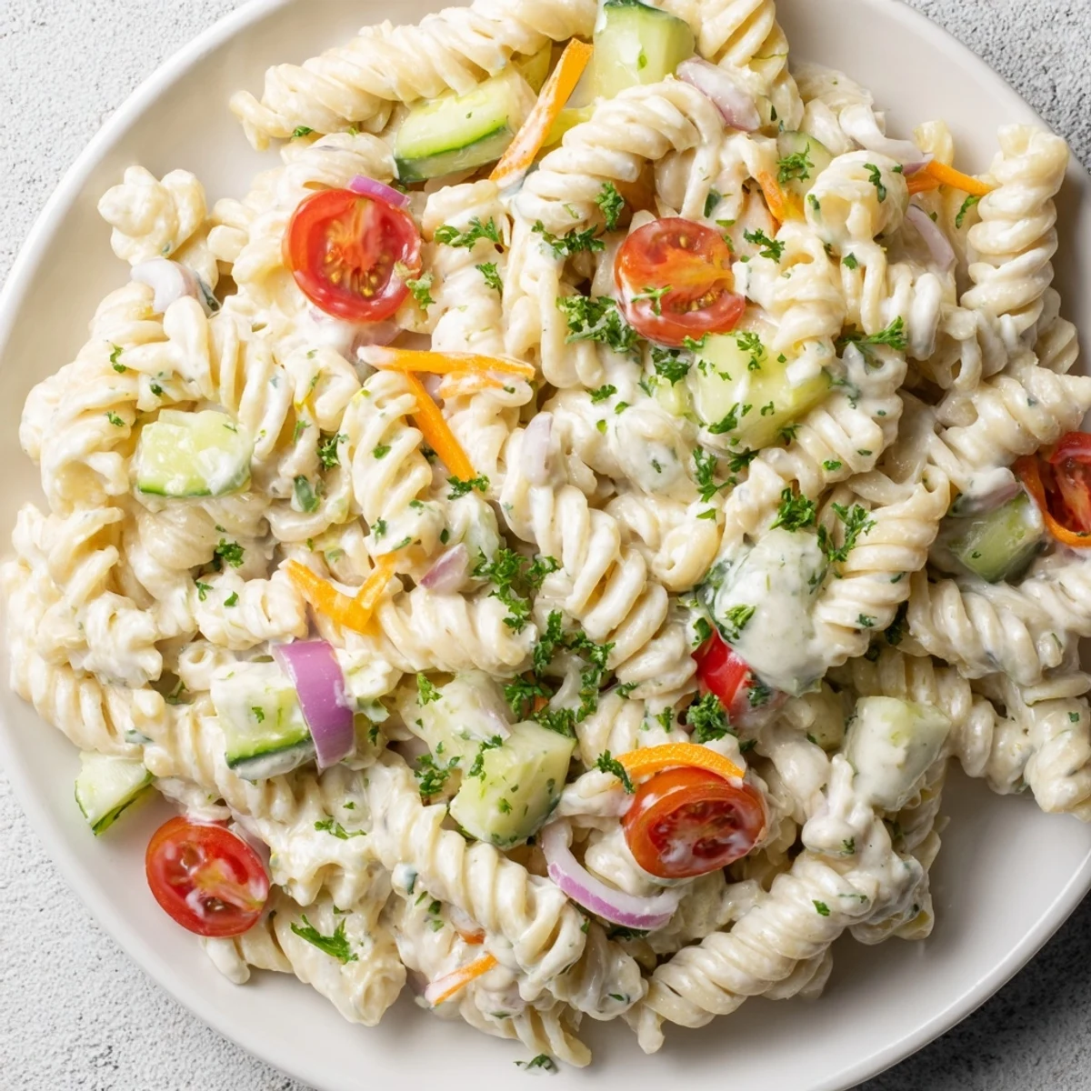 A big bowl of chilled Vegan Hemp Seed Ranch Pasta Salad, with colorful vegetables ready to eat.