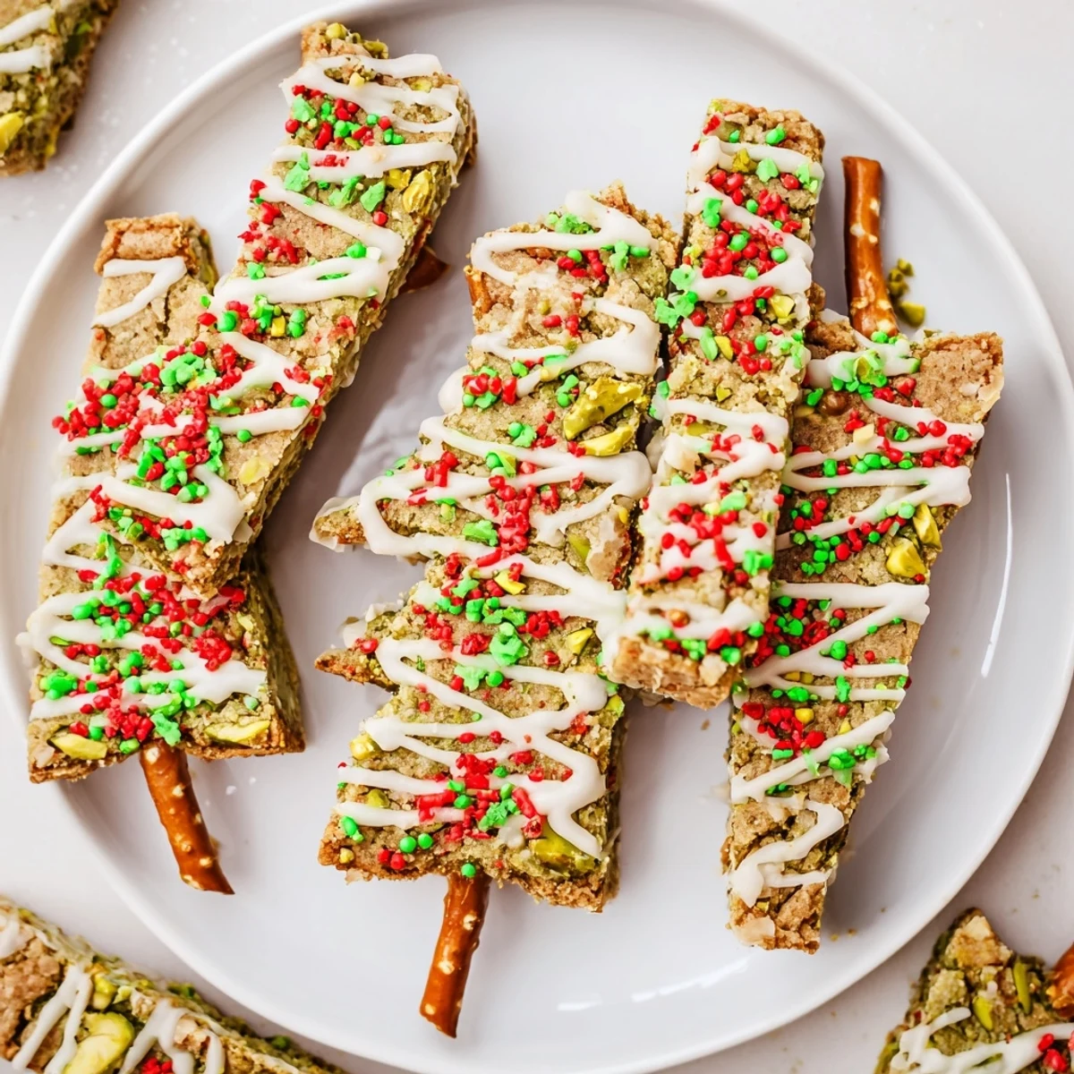 Chewy Matcha Pistachio Christmas Tree Blondie Bars, cut in tree shapes, studded with nuts and decorated for the holidays.