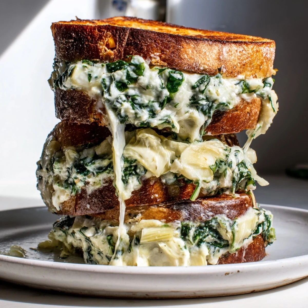 Crispy golden Air Fryer Spinach & Artichoke Dip Grilled Cheese oozing with melted cheese and creamy filling.