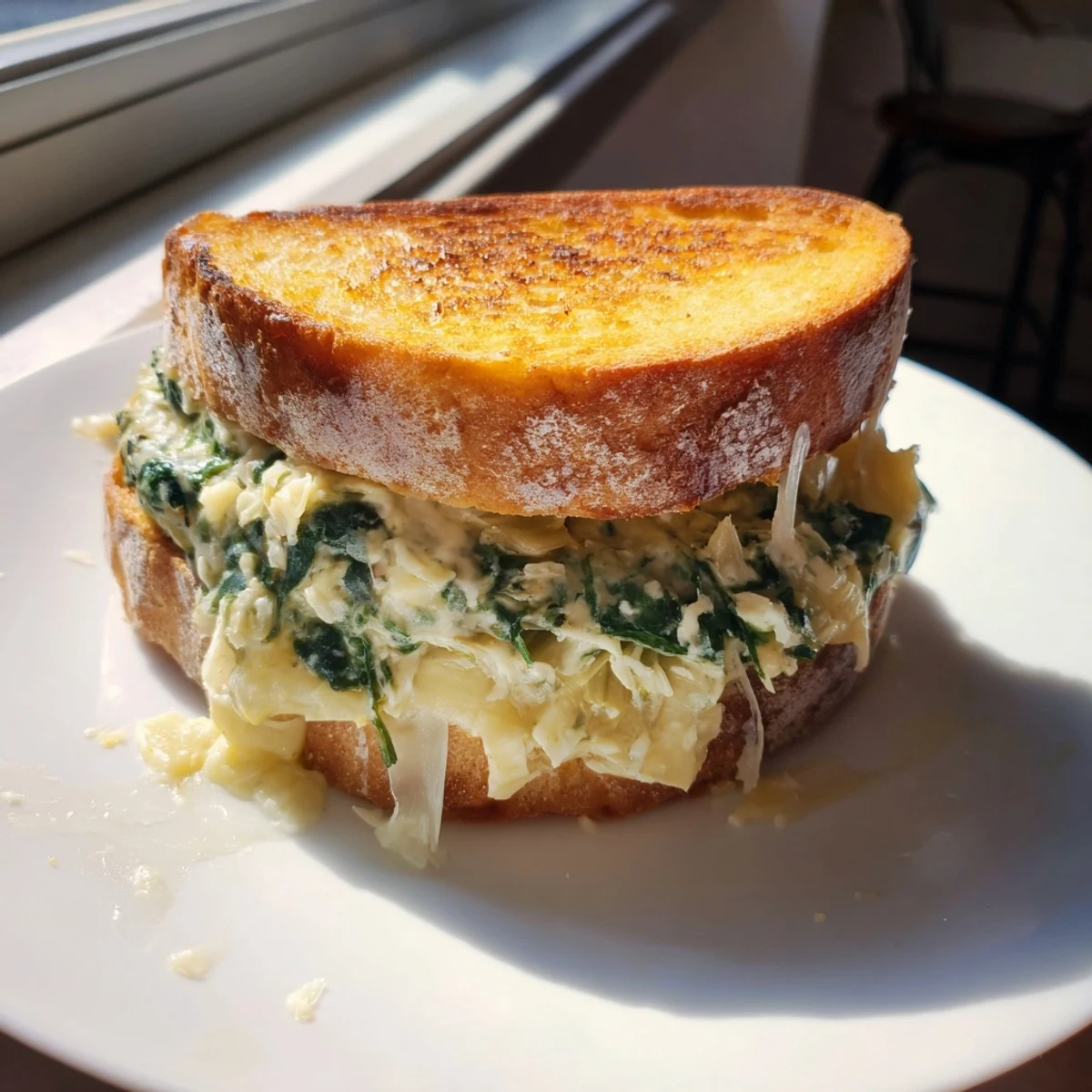 A close-up of a perfectly cooked Air Fryer Spinach & Artichoke Dip Grilled Cheese, ready to be sliced and devoured.