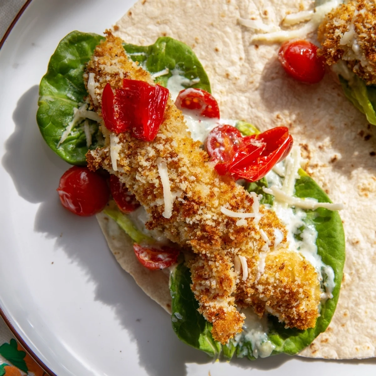 Golden, crispy Santa Hat Chicken Caesar Wraps, ready to eat with vibrant red peppers and fresh lettuce.