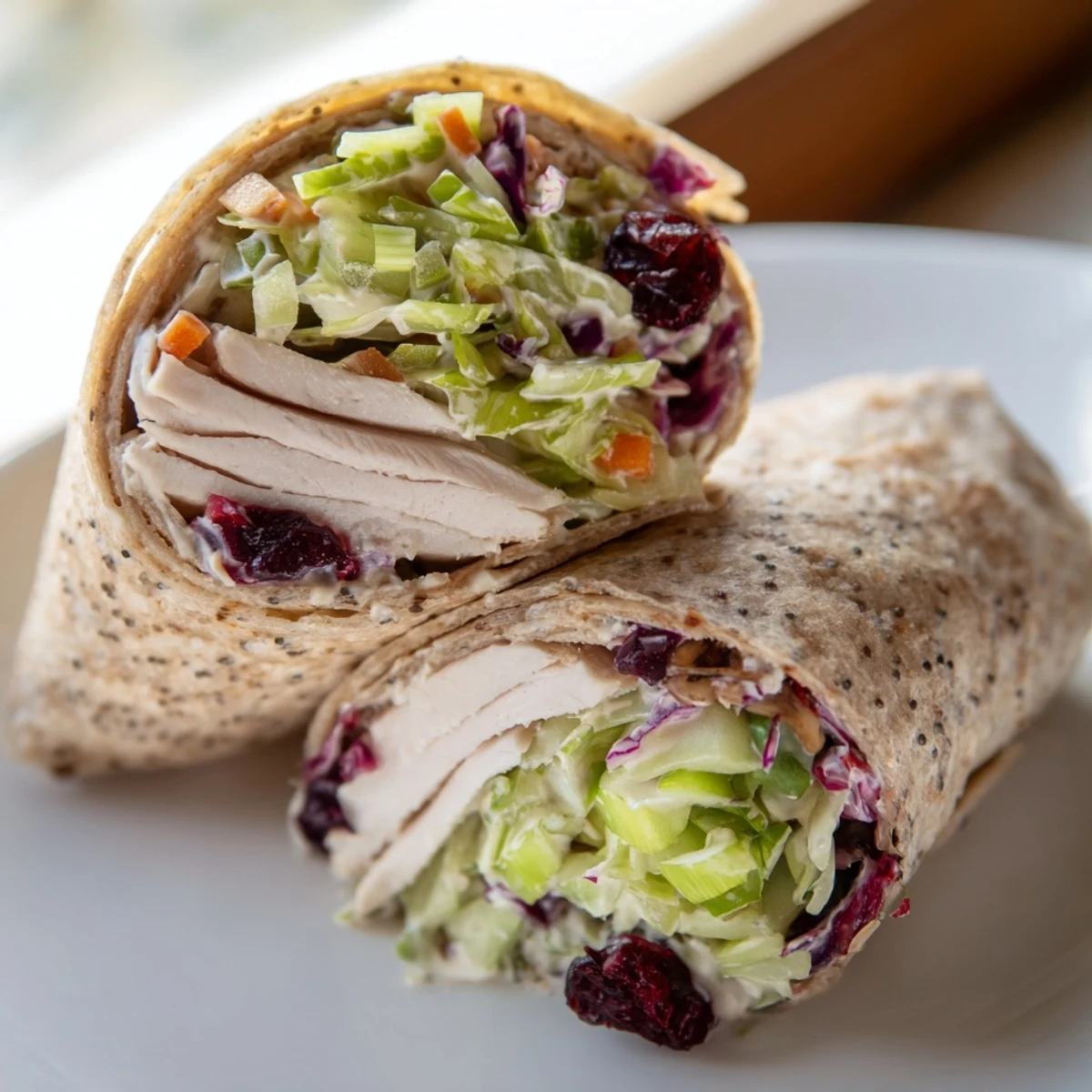 A colorful Cranberry Apple Slaw Turkey Wrap, bursting with fresh slaw and creamy yogurt dressing.