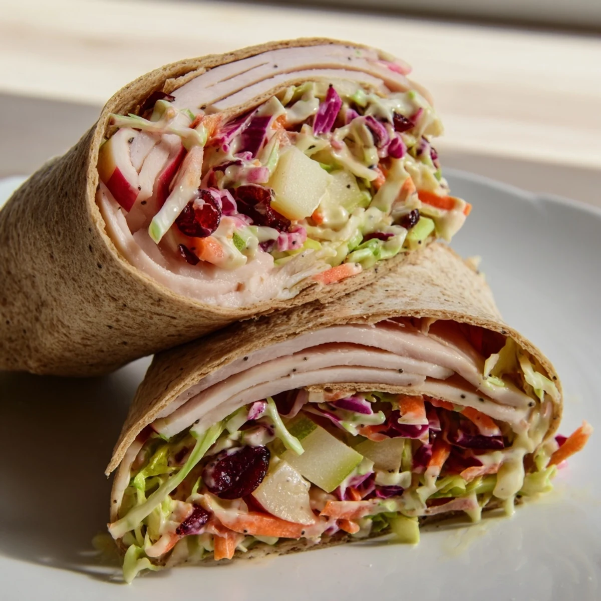 Freshly made Cranberry Apple Slaw Turkey Wraps, a healthy and satisfying lunch with turkey and slaw.