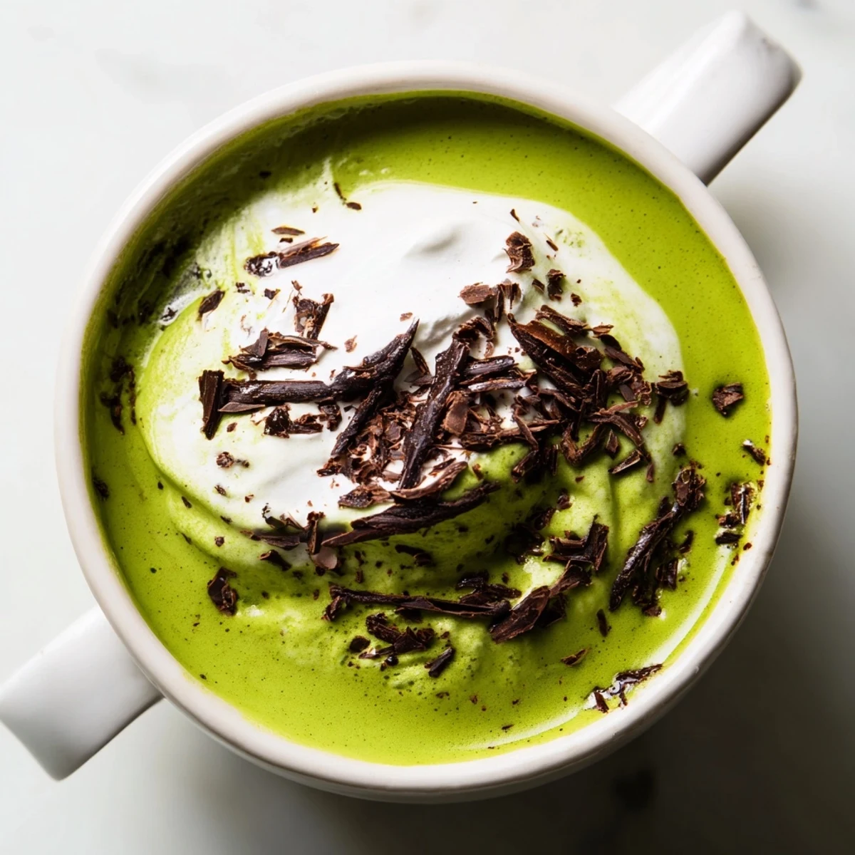 Steaming Collagen Peppermint Mocha Matcha Latte, a vibrant green and cocoa-brown drink topped with whipped cream.