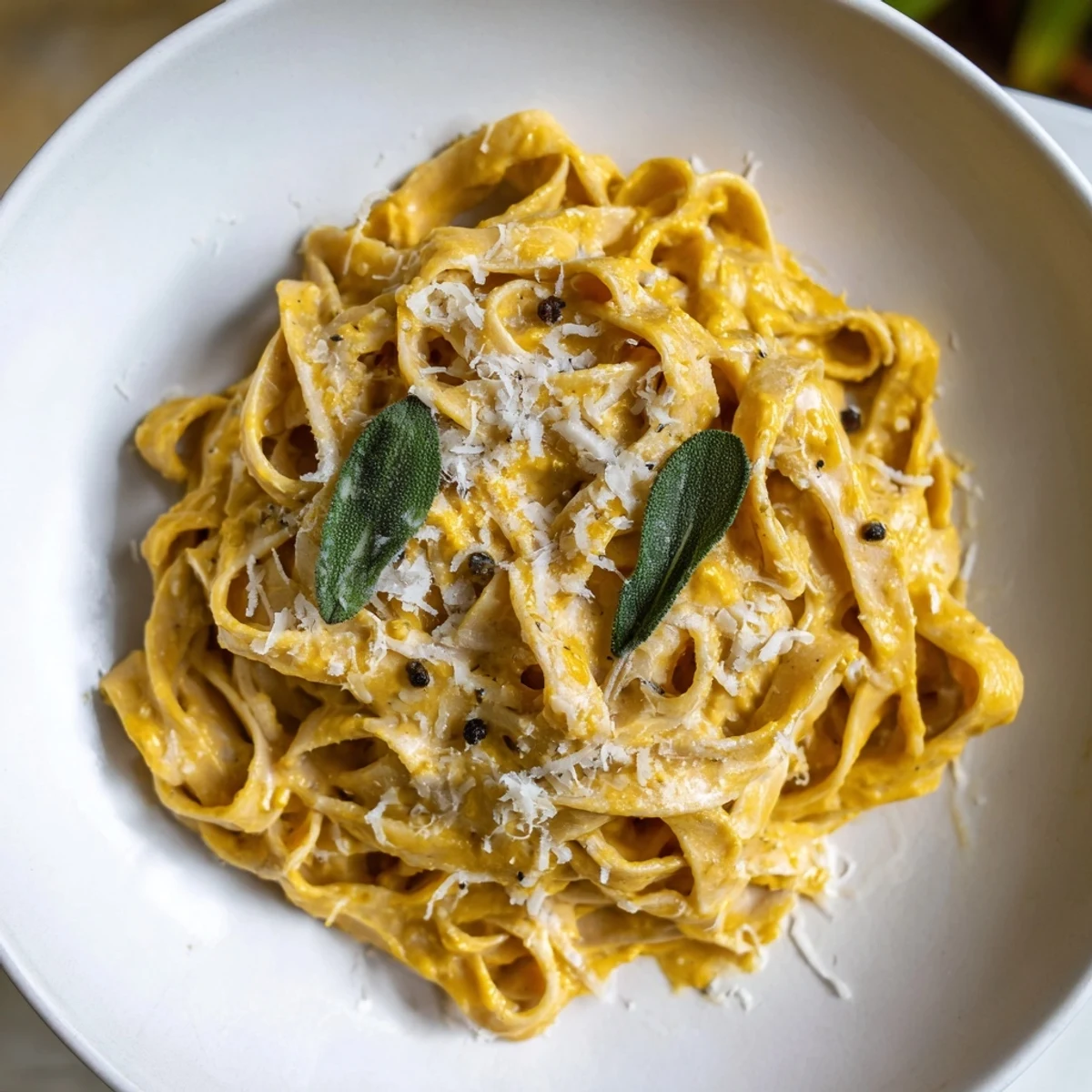 Golden-hued Healthy Creamy Pumpkin Sage Holiday Pasta, garnished with parmesan, smells fragrant and delicious from the sage.