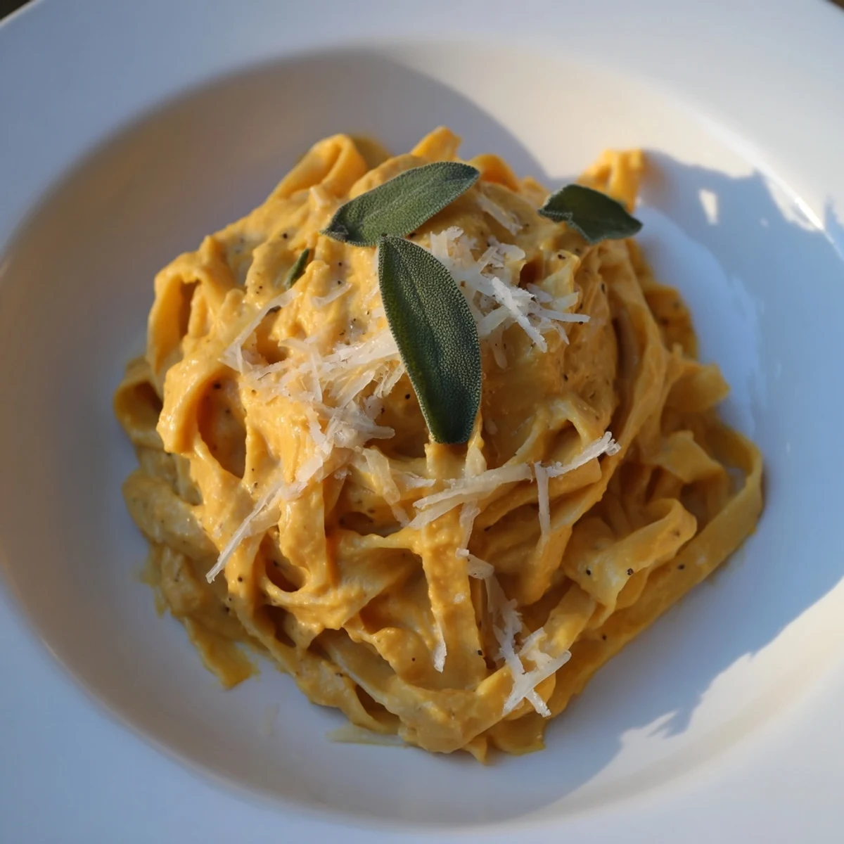 Wholesome bowl of Healthy Creamy Pumpkin Sage Holiday Pasta, perfect for a cozy, healthy holiday meal.