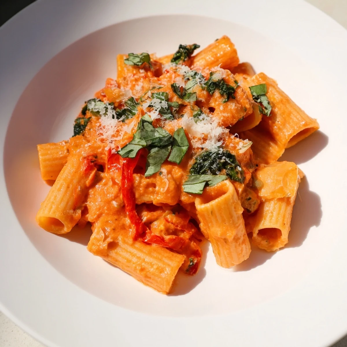 A close-up of lightened-up vodka rosé Christmas pasta, garnished with fresh basil and Parmesan cheese.
