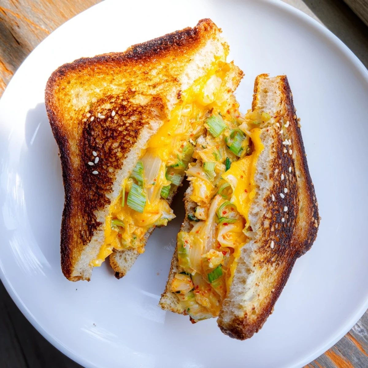 Perfectly browned Skillet Kimchi & Cheddar Fusion Grilled Cheese, a delicious and easy fusion food served hot!