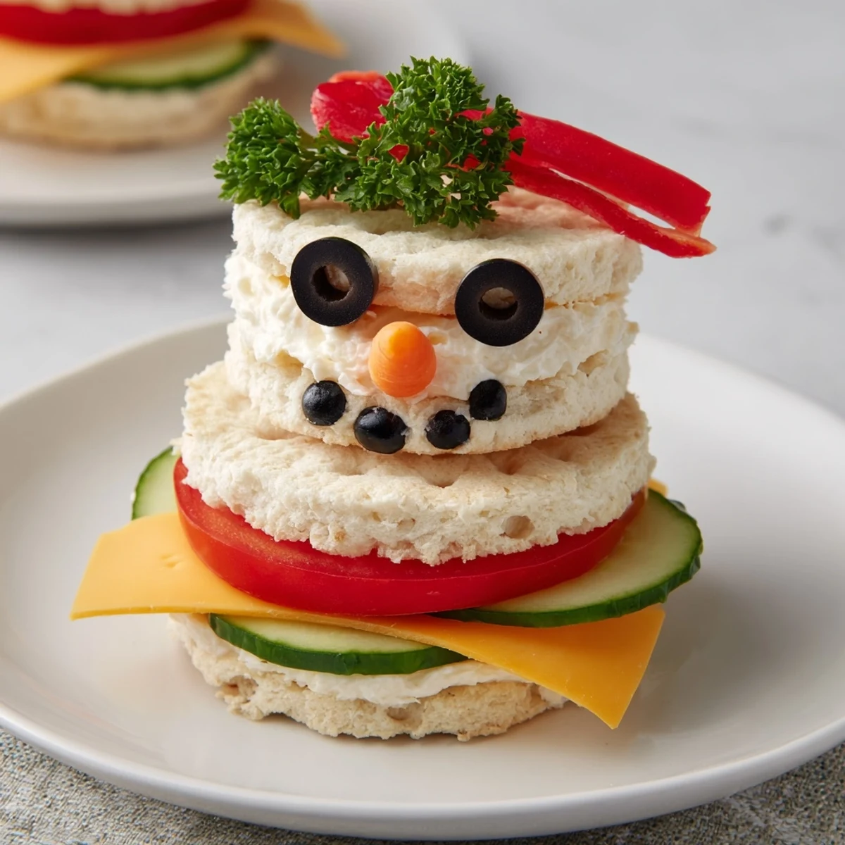 This playful Snowman Sandwich Stack features a creamy interior with fresh veggies, a winter delight!