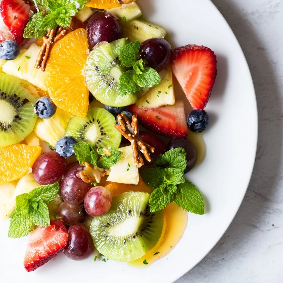 A colorful Ornament Fruit Medley, a festive dessert of fresh, glistening fruits with mint.