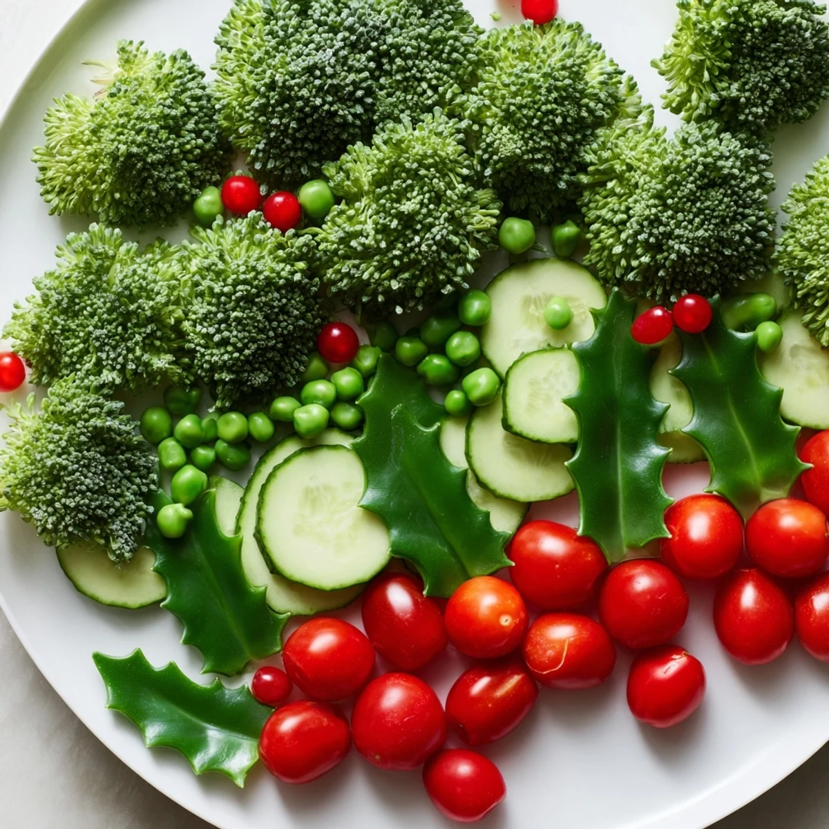 Festive Holly Leaf Veggie Board with vibrant, crunchy vegetables, perfect for holiday appetizers, served with creamy dip.