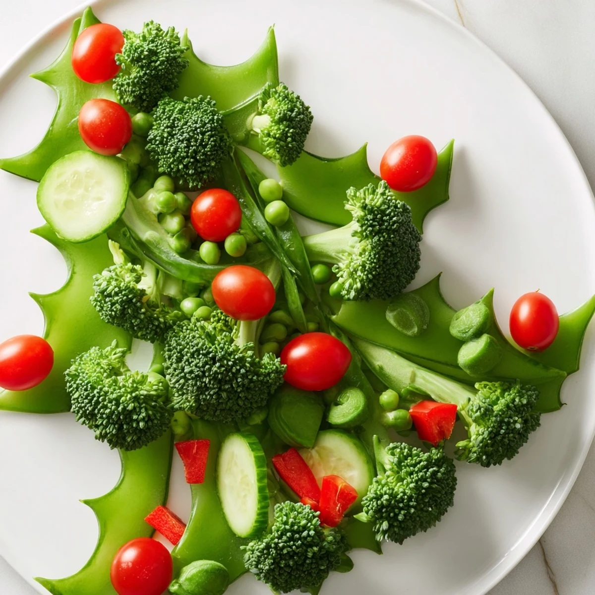 Enjoy this healthy Holly Leaf Veggie Board: a beautifully arranged, colorful display of fresh vegetables, ready to serve.