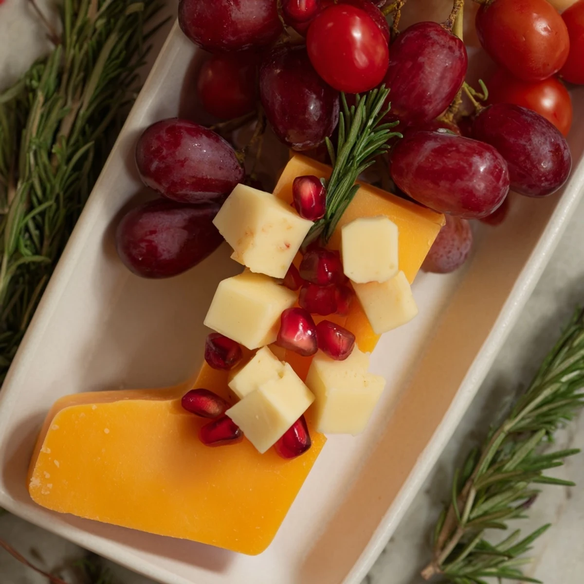 Festive Christmas Stocking Snack Tray featuring red grapes, cherry tomatoes, and various cheeses, ready to serve and enjoy.