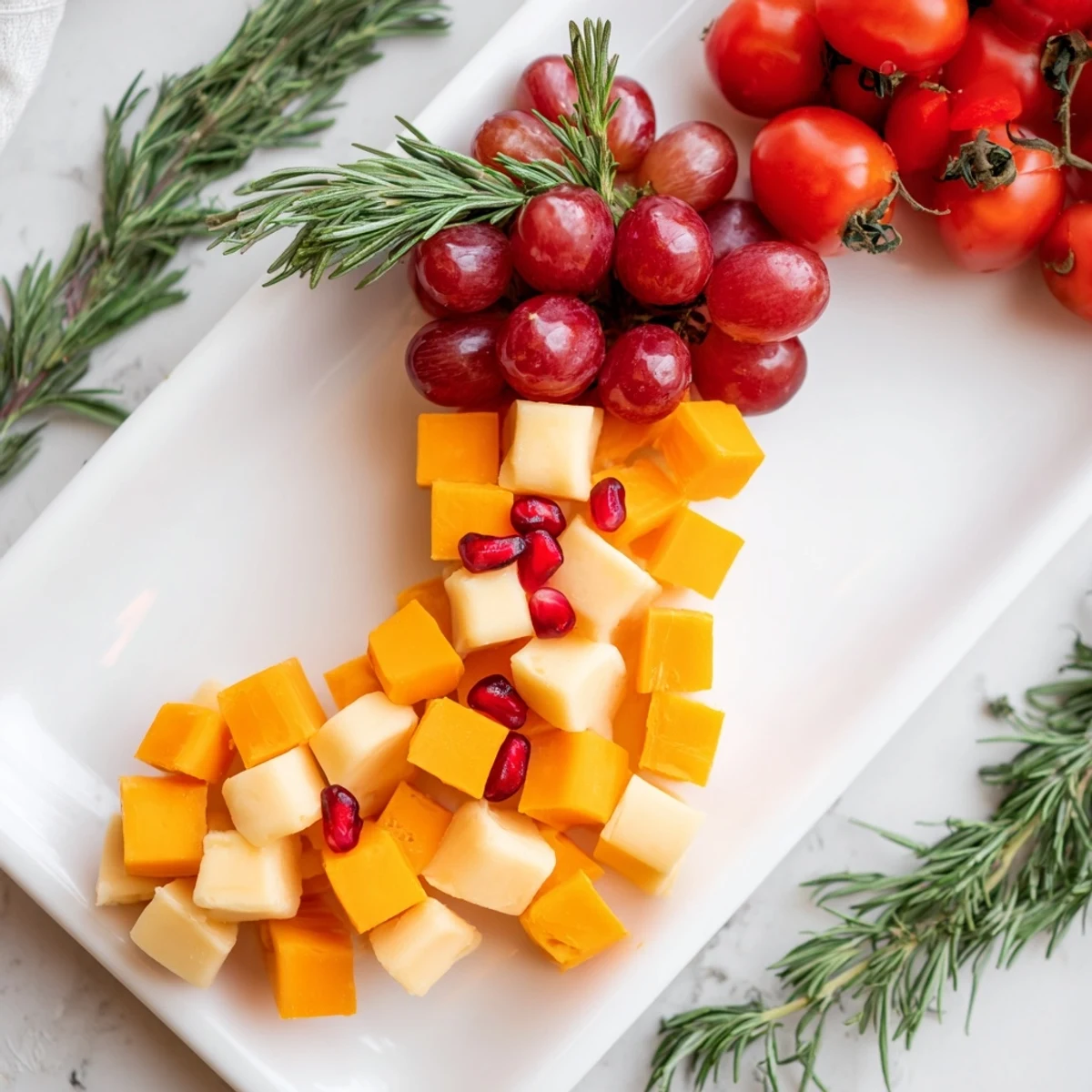 Vibrant Christmas Stocking Snack Tray arranged with cheeses, meats, crackers, and holiday garnishes for easy entertaining.