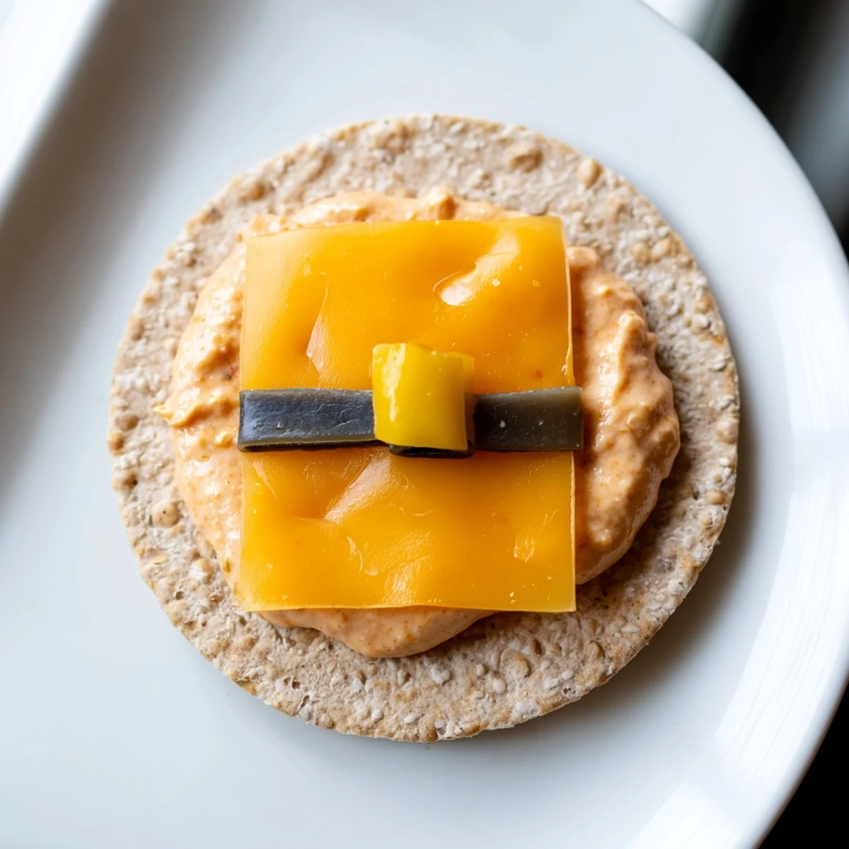 Bright image of savory Santas Belt Crackers & Dip with black olive belts and yellow buckles for a holiday appetizer.