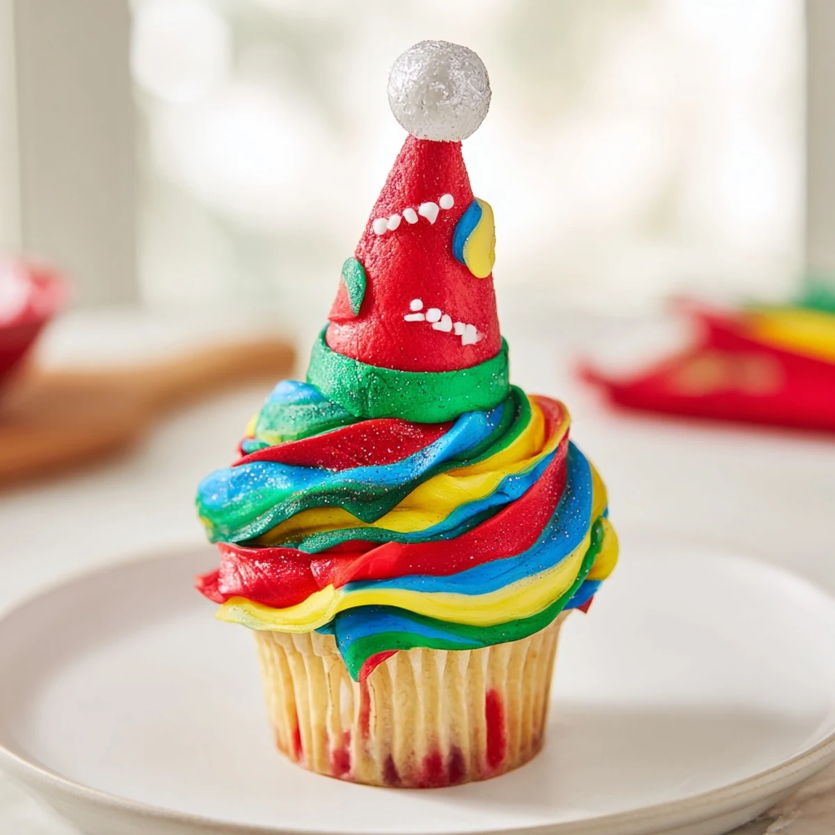 An impressive, tiered Elf Hat Cupcake Tower, perfect for a joyful holiday celebration with loved ones.