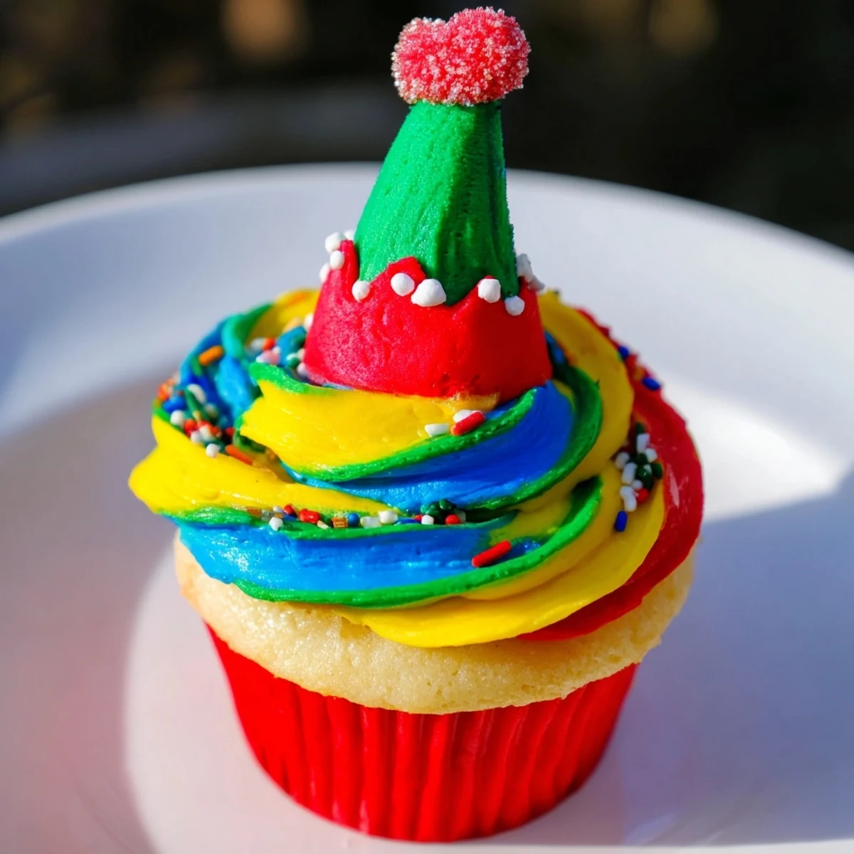 Vibrant and festive, these Elf Hat Cupcakes feature delicious buttercream atop fluffy cupcakes for any gathering.