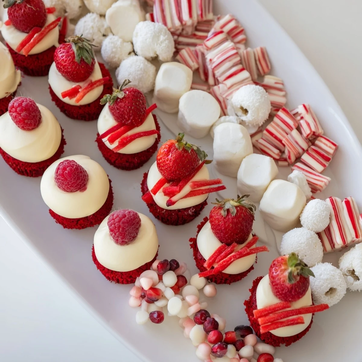 Festive candy cane striped platter boasts vibrant red and white treats for holiday joy, perfect for sharing.