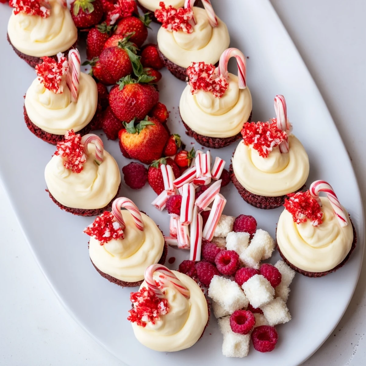 Delicious candy cane striped platter featuring strawberries, cupcakes, and pretzels, arranged beautifully for Christmas.