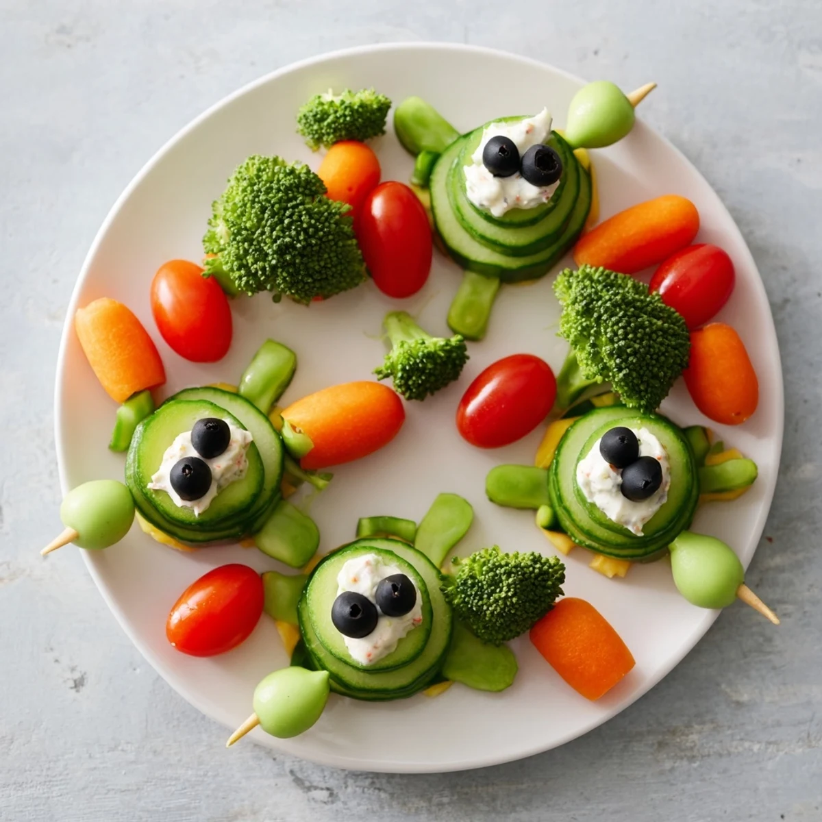 Vivid image of Slow & Savory Turtle Crudités; cucumbers become friendly turtles complete with veggie legs and flavorful dip.