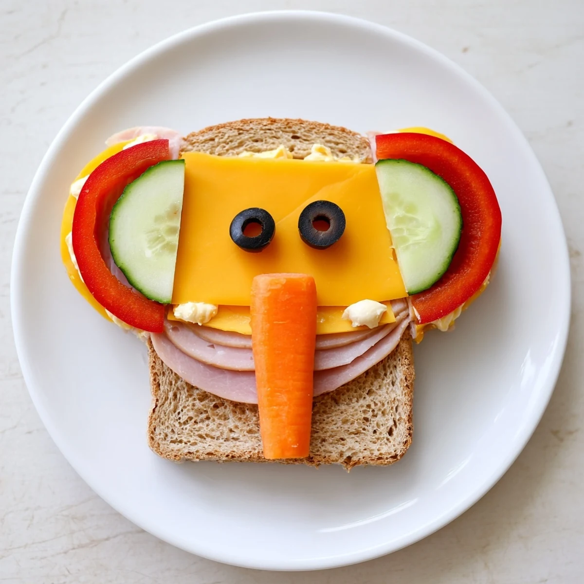 Vibrant Big Top Elephant Sandwiches, a fun, vegetarian platter with colorful carrot and olive details.