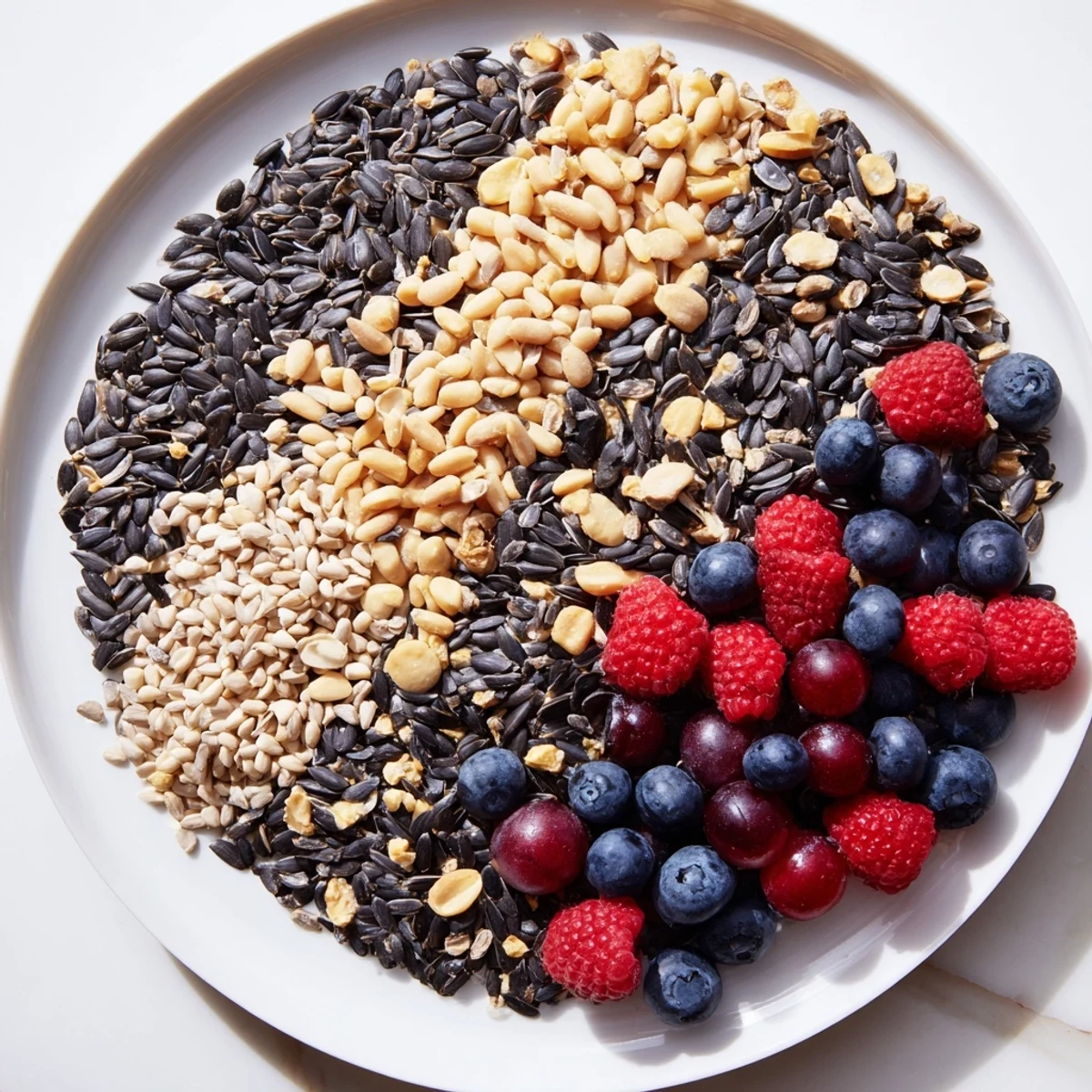 A colorful Singing Bird Seed & Berry Platter, fresh berries arranged invitingly for hungry garden birds.