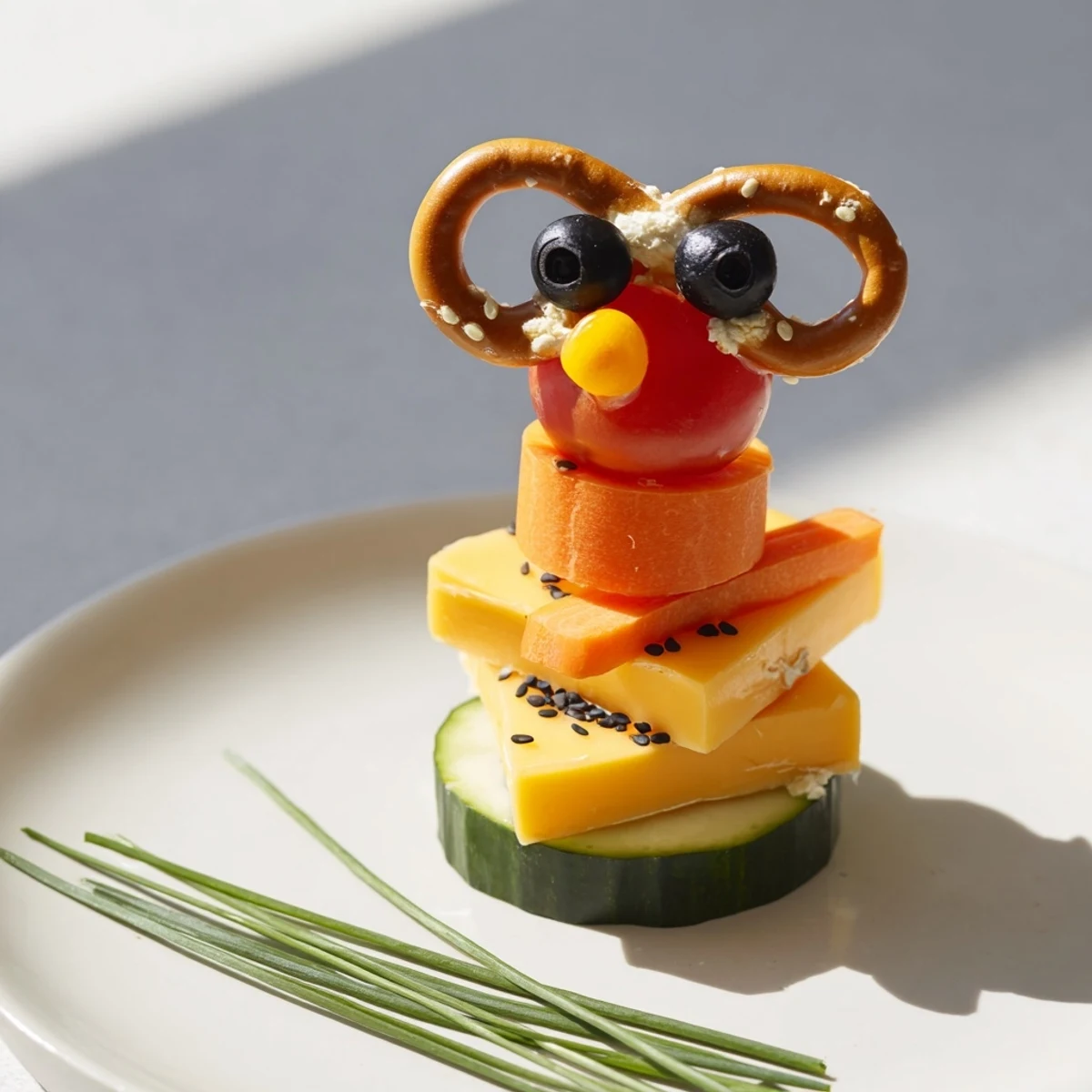 Beautiful, child-friendly Long-Necked Giraffe Snack Tower, featuring a tomato head, cheese, and pretzels.
