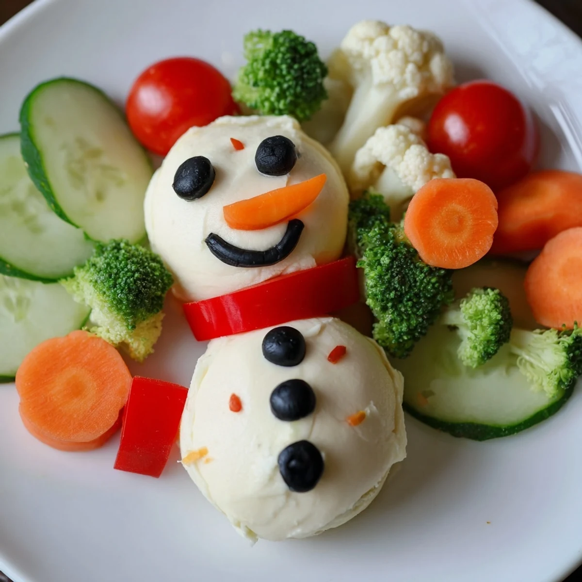 Snowman Veggie Dip Platter: a whimsical holiday appetizer with creamy dip and fresh, bright veggies.