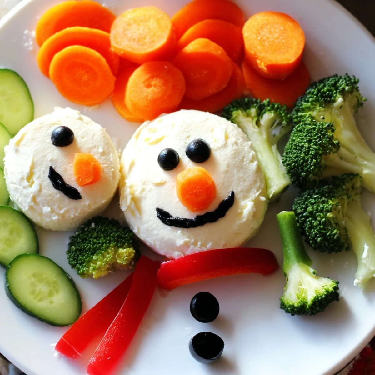 Vibrant Snowman Veggie Dip Platter featuring a creamy, homemade dip shaped like a snowman; served with colorful veggies.