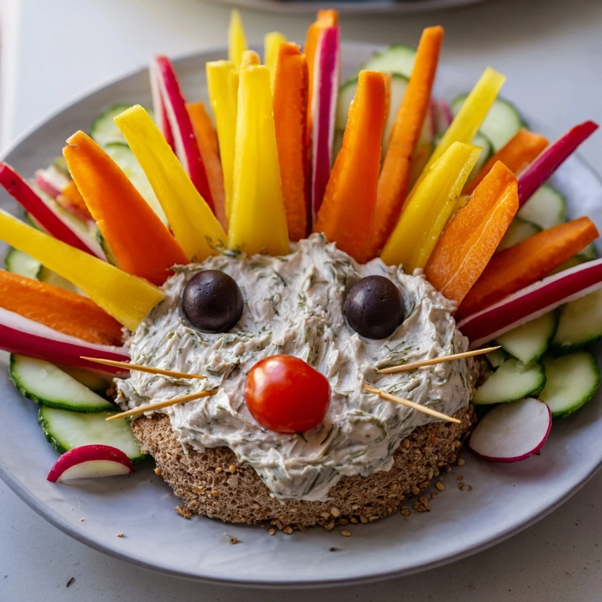 Autumn Hedgehog Dip Platter: Vibrant vegetable spines and creamy dips form a festive appetizer spread.