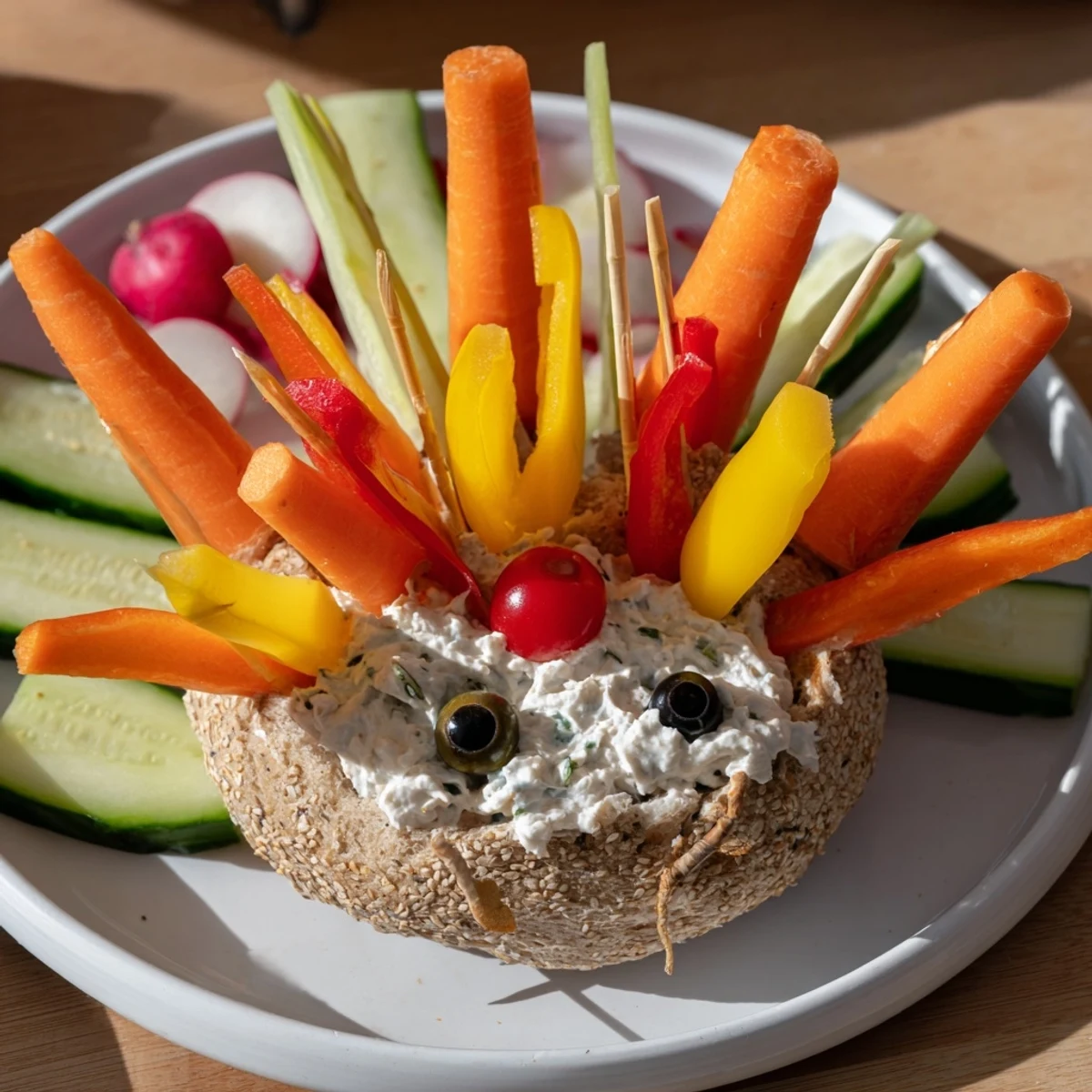 Fresh vegetable sticks and various dips compose this creative Autumn Hedgehog Dip Platter for sharing.