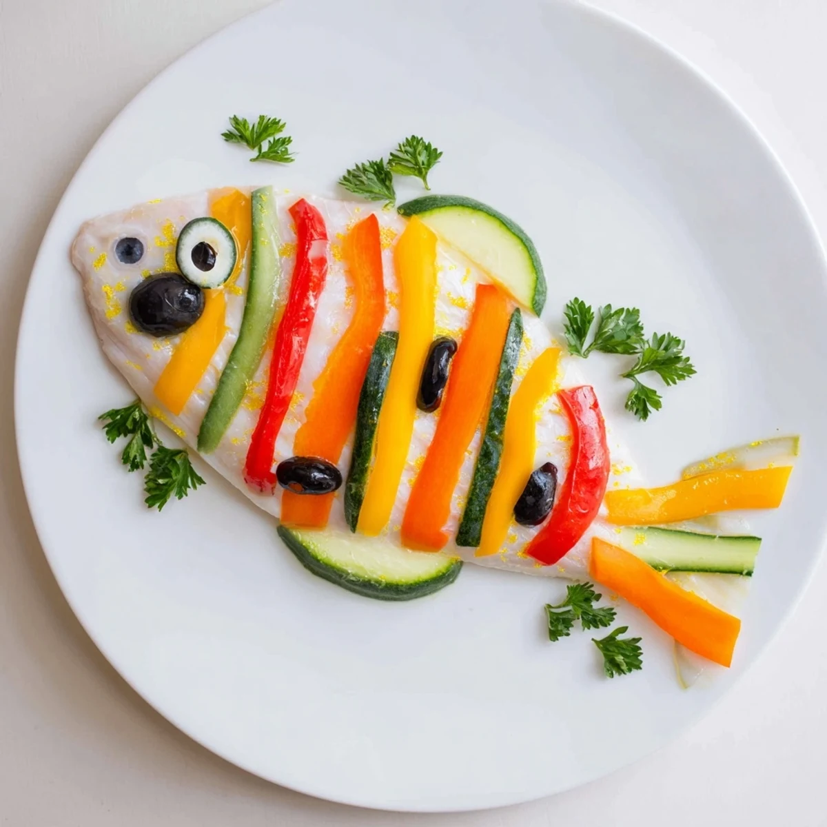 A light fish-shaped meal with colorful veggie scales: baked and ready to enjoy now!