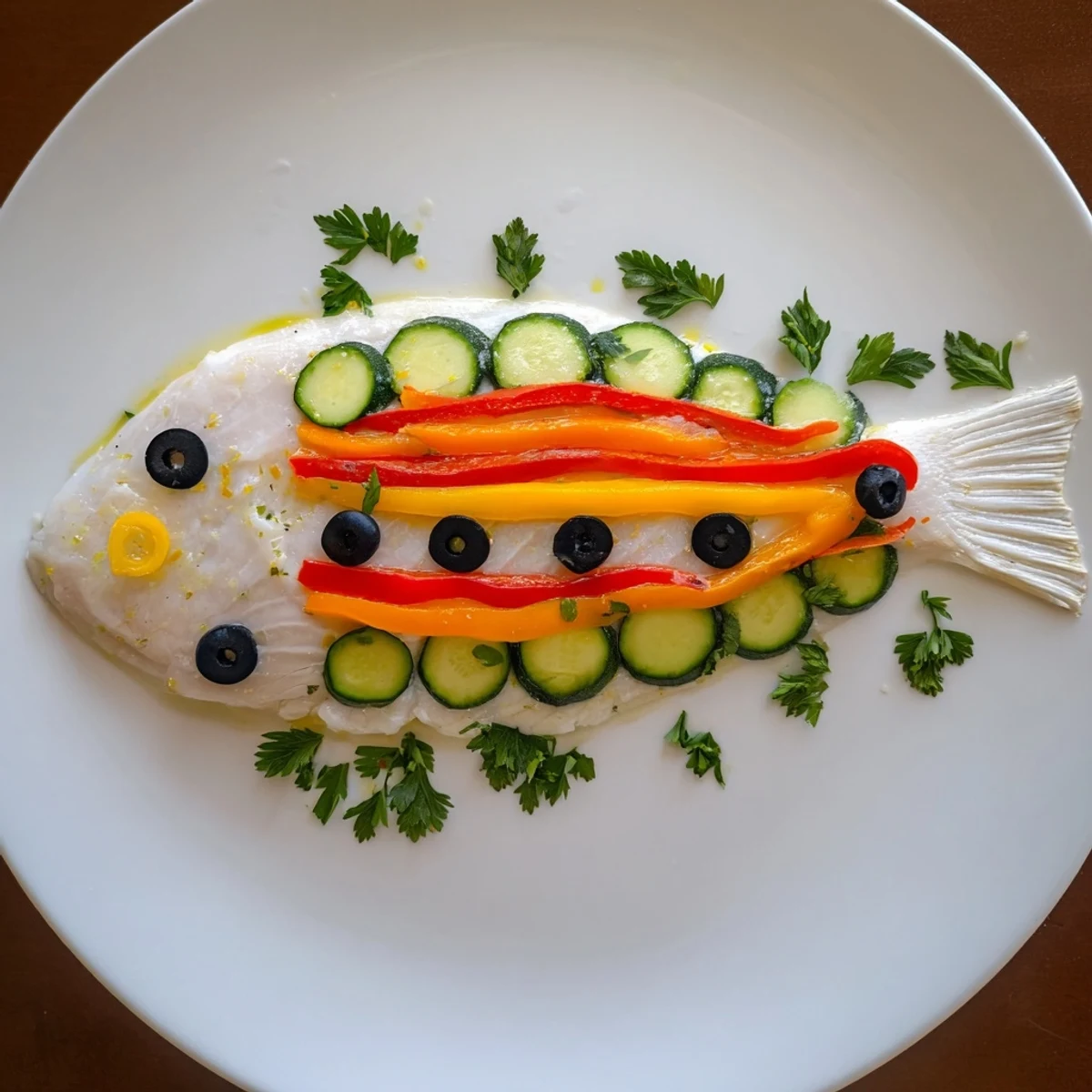 This light fish-shaped meal shows a flaky white fish, tender veggies, and black olive eyes.