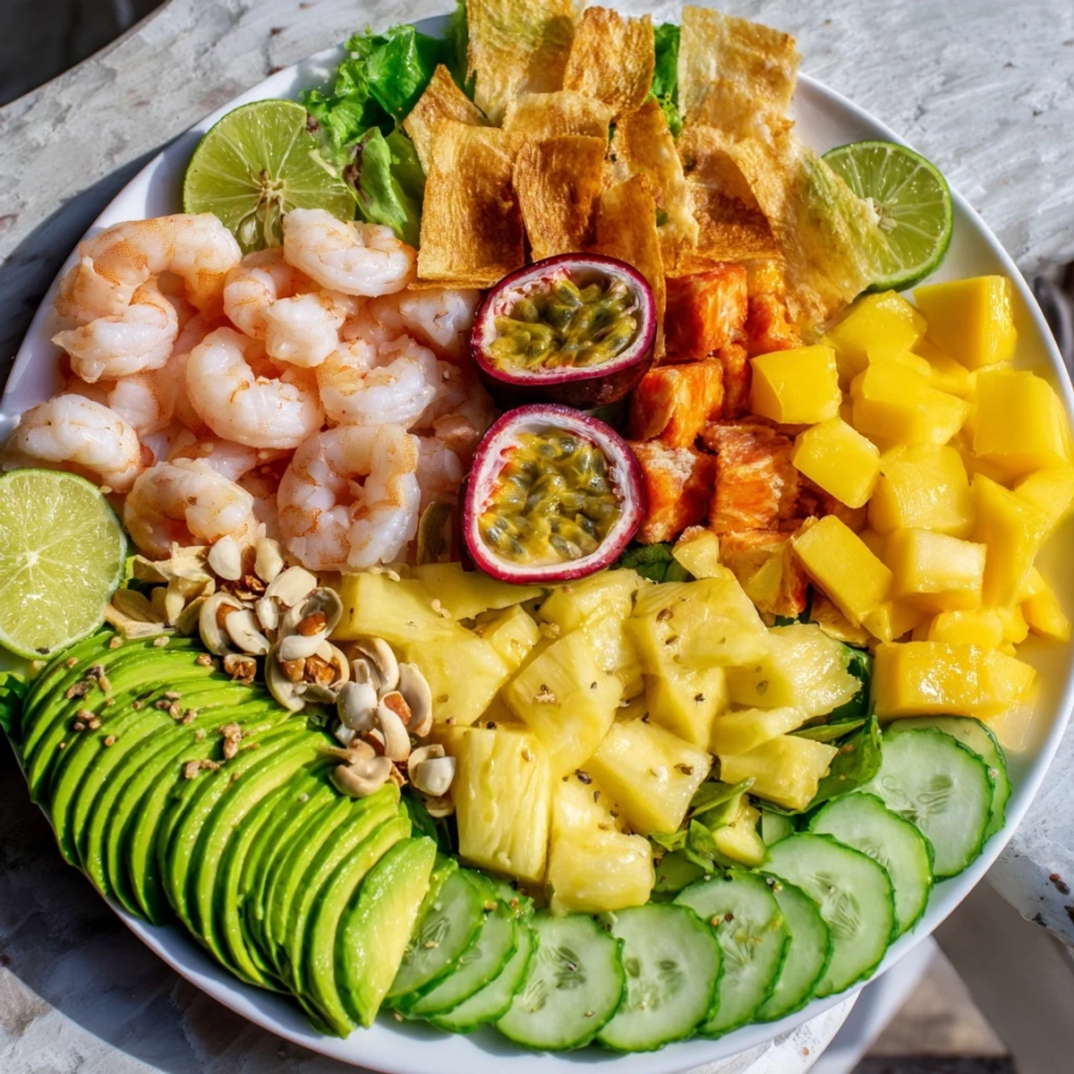Vibrant Tropical Wave Tasting Platter with juicy mango and fresh shrimp artfully arranged.