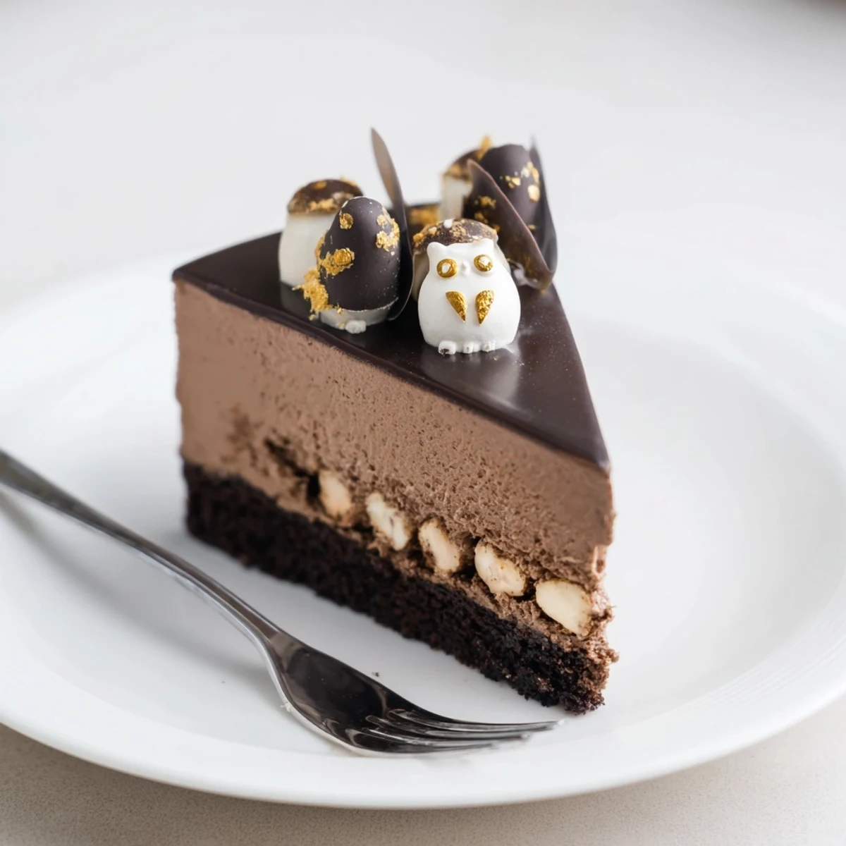 Elegant Plaisirs Sucrés Hibou de la Nuit entremets, a masterpiece with layers of chocolate and hazelnut.