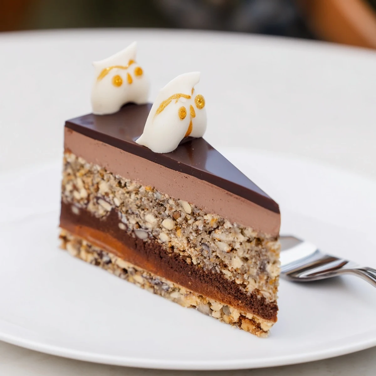 This Plaisirs Sucrés Hibou de la Nuit features a smooth, rich chocolate mousse and crunchy praline center.