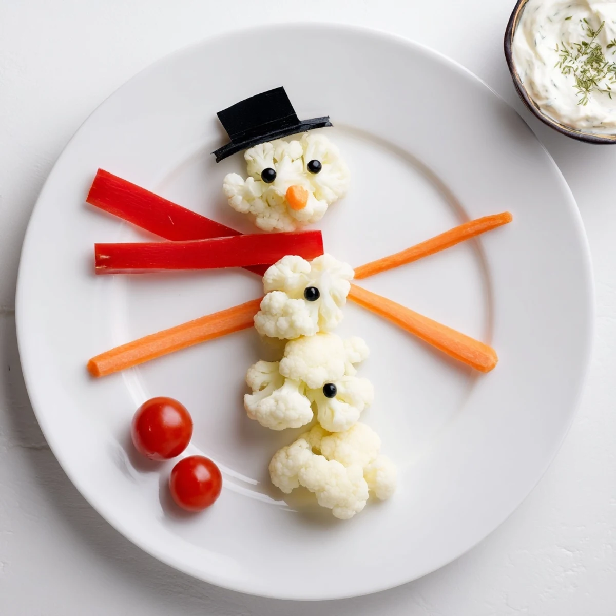 Snowman Crudités with Dip: A festive platter of fresh, colorful vegetables artfully arranged as a snowman.