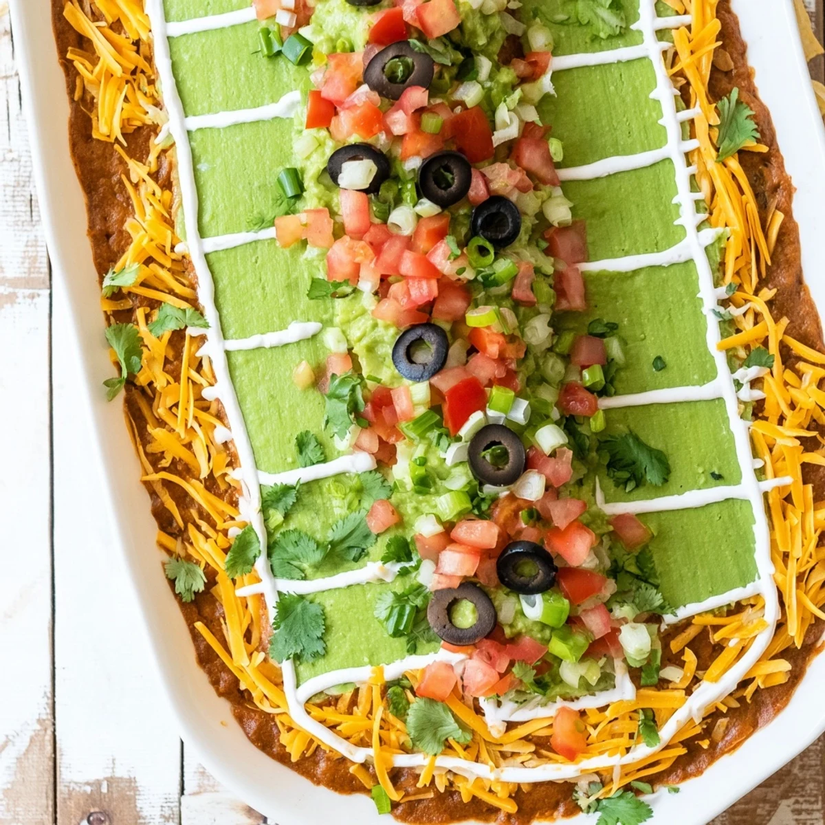 Football Field Dip Platter: A festive, layered dip featuring fresh toppings and a realistic field design.