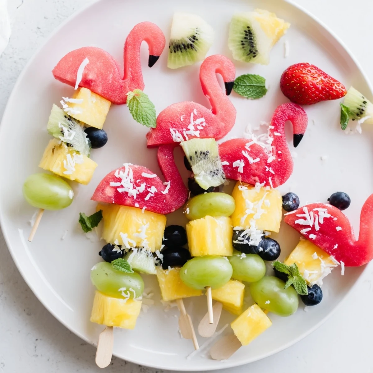 Vibrant Flamingo Fruit Skewer Platter, showcasing colorful tropical fruits, perfect for a summer snack or party.