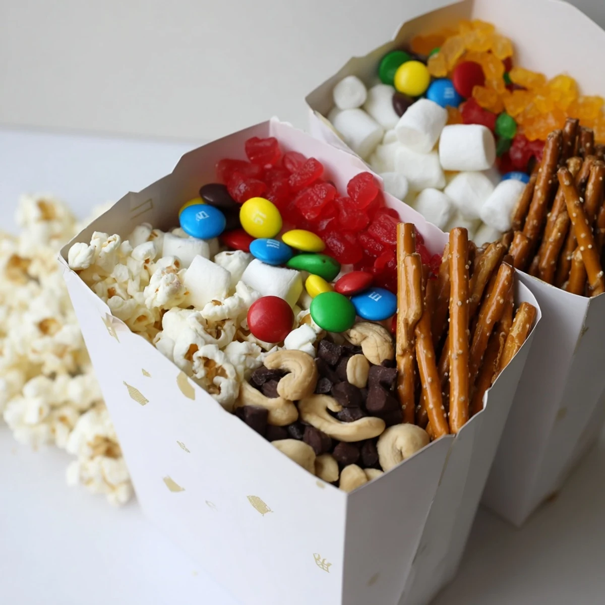 Movie Night popcorn boxes overflow with sweet and savory treats for a fun snack platter.
