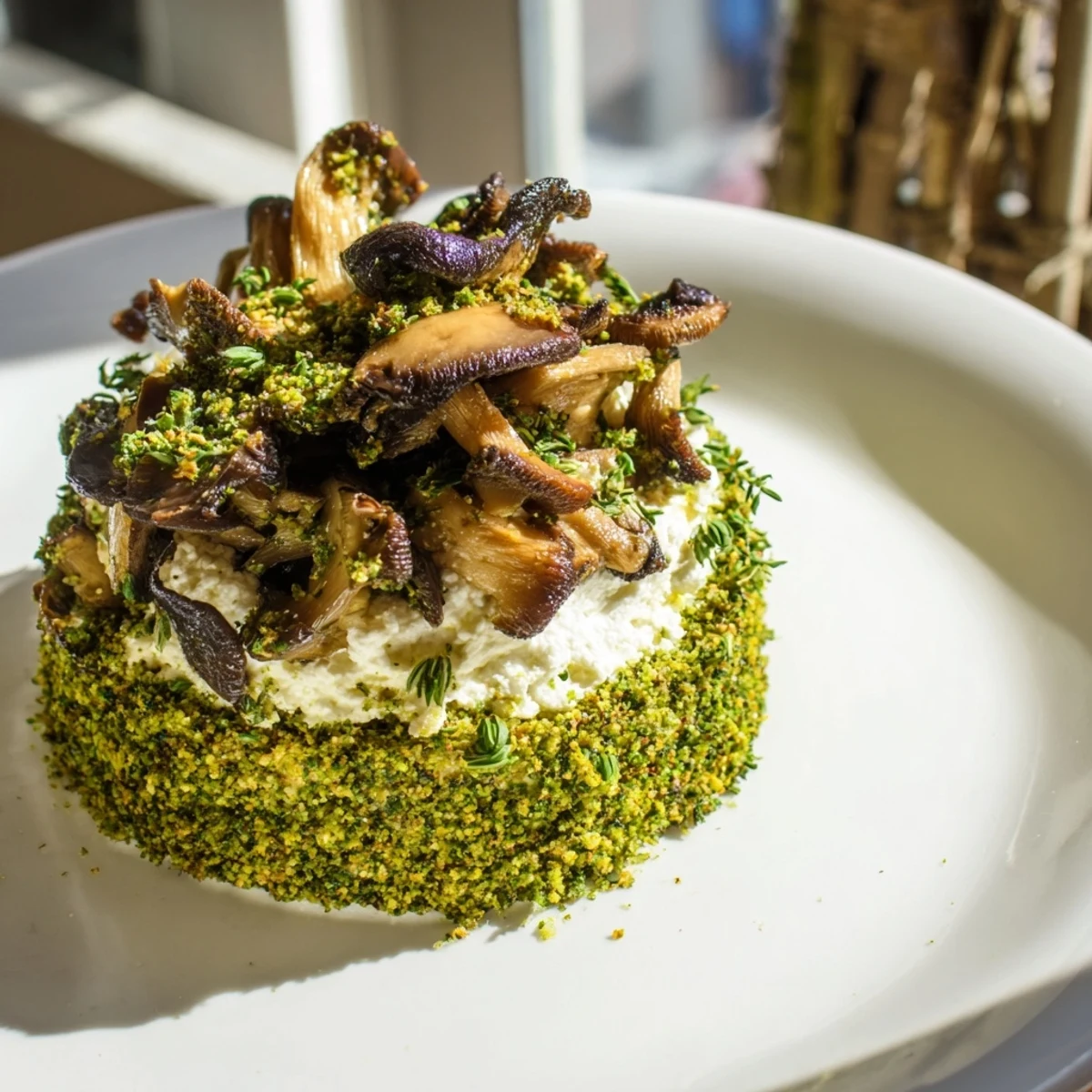 Cottagecore Mushroom and Moss Platter: a wooden board overflowing with sautéed mushrooms and creamy goat cheese.