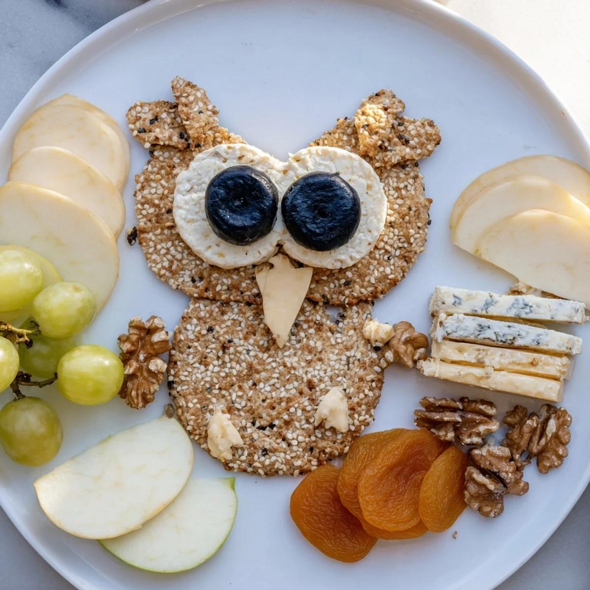 A beautifully arranged Owl Cracker and Cheese Board, overflowing with colorful cheeses, fruits, and nuts.