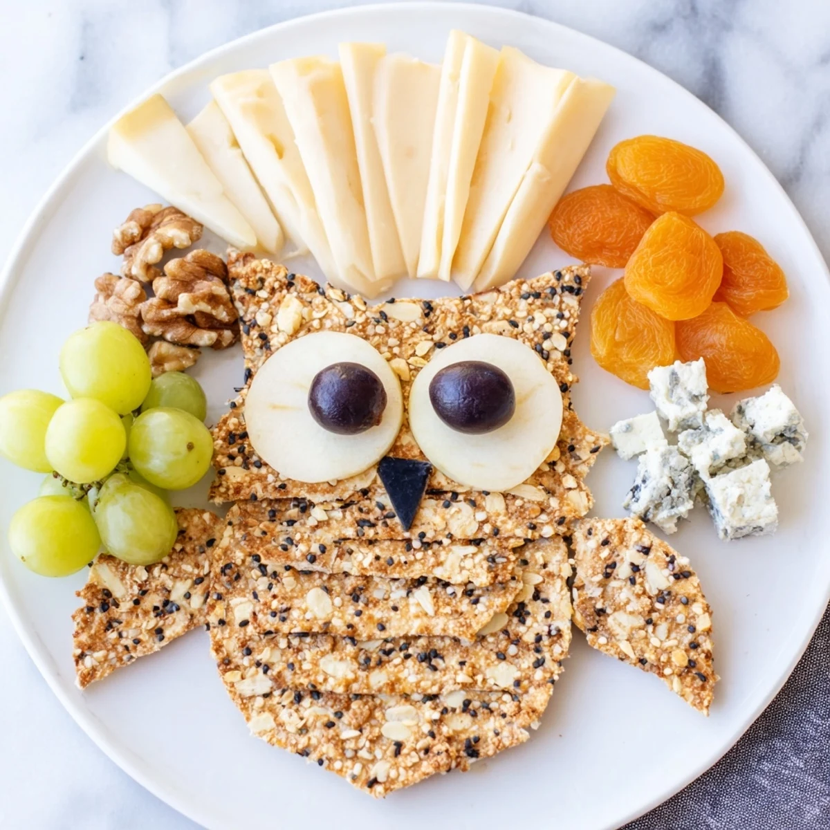 Imagine the delightful Owl Cracker and Cheese Board featuring various cheeses, crisp fruits, and tasty crackers.