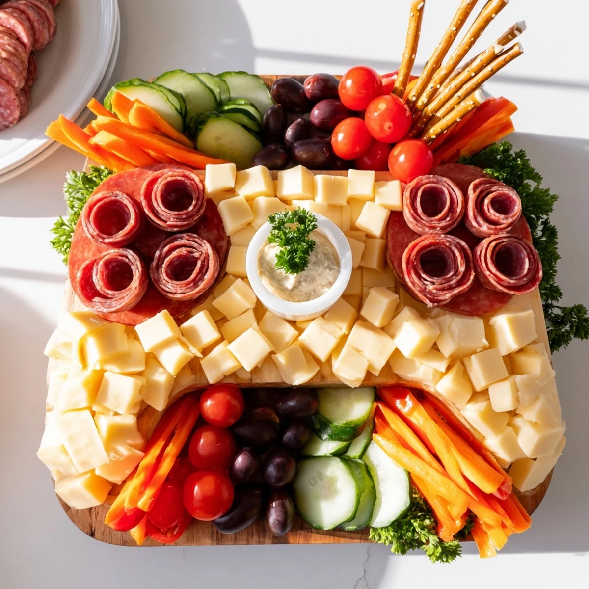 Delicious Game Night: Controller Shaped Snack Platter arranged with cheese, meat, and colorful veggies, ready to enjoy.
