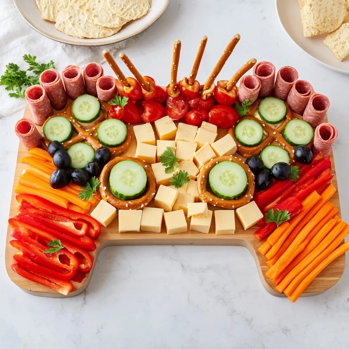 Inviting Game Night: Controller Shaped Snack Platter showcasing savory salami, cheese, and vibrant dips for a party.