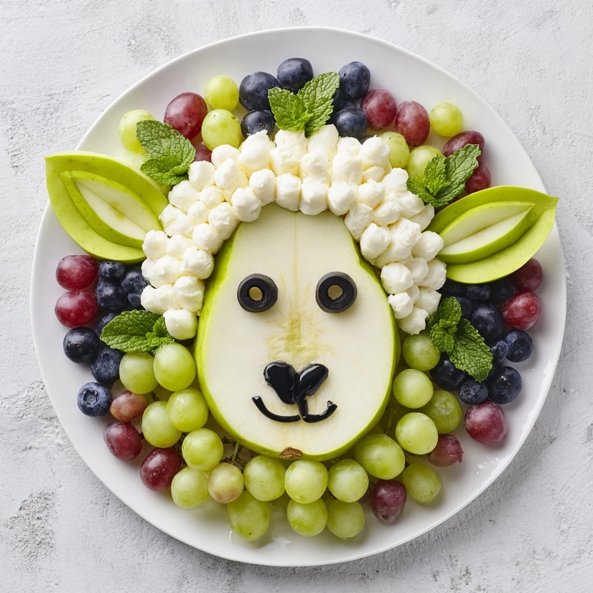 Sliced pear with a lamb face fruit and cheese platter is surrounded by fruit jewels.