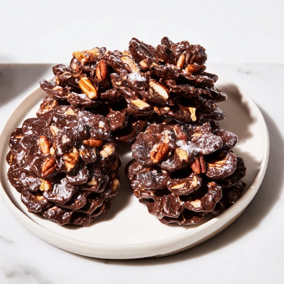Festive Rustic Dessert: Pinecone Chocolate Nut Clusters, beautifully shaped with toasted pecans, ready for a treat.