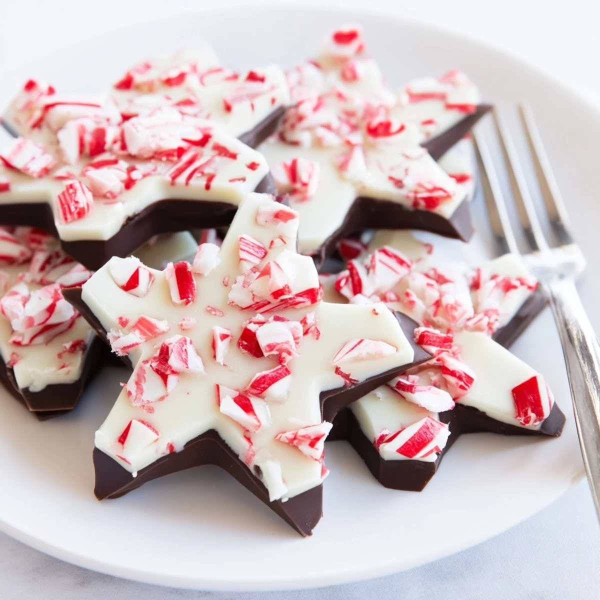 Peppermint Bark Snowflakes, a beautiful dessert, showcases layers of dark and white chocolate with crunchy peppermint.